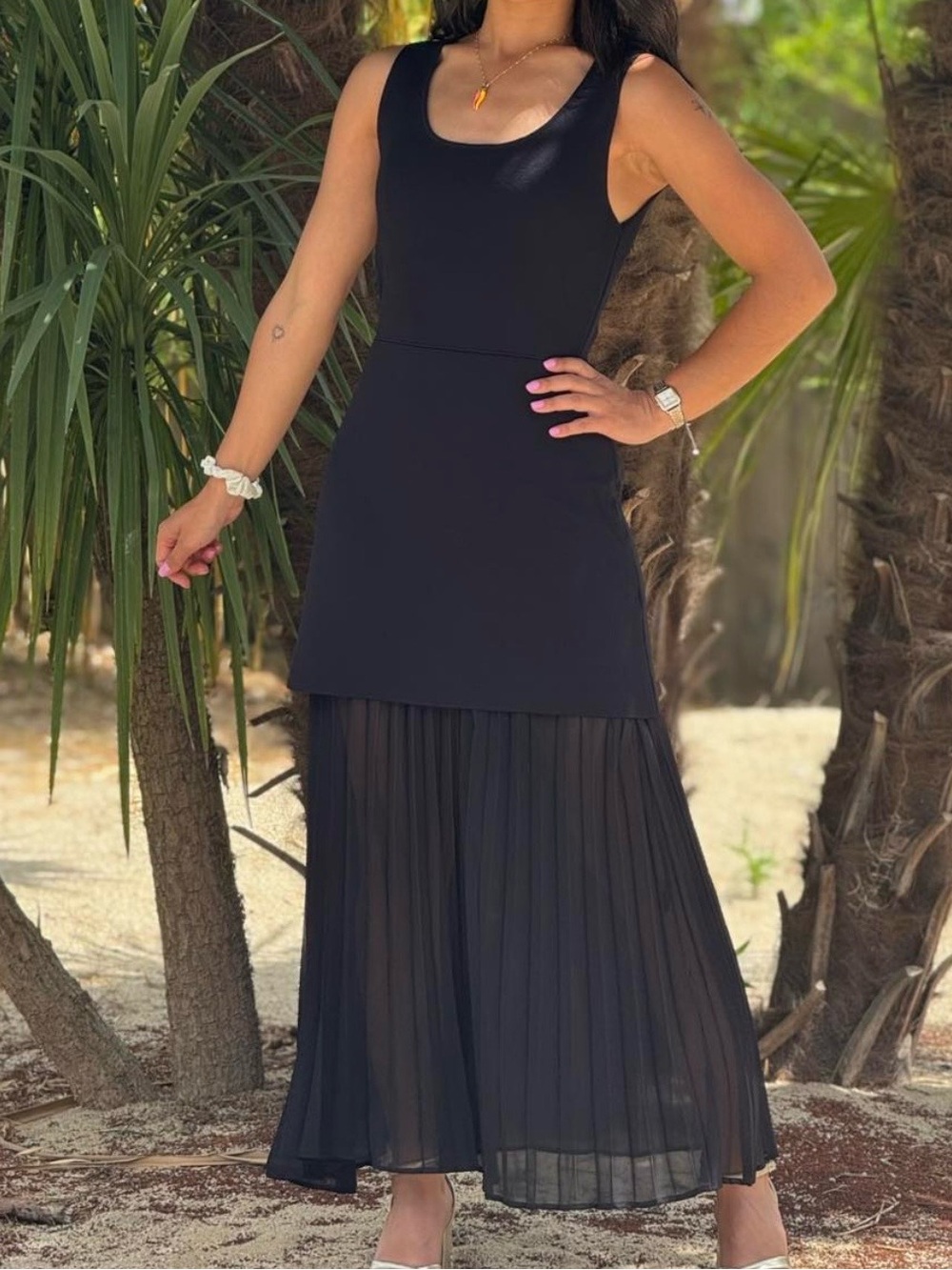 Sleeveless Black Midi Dress with Pleated Sheer Skirt